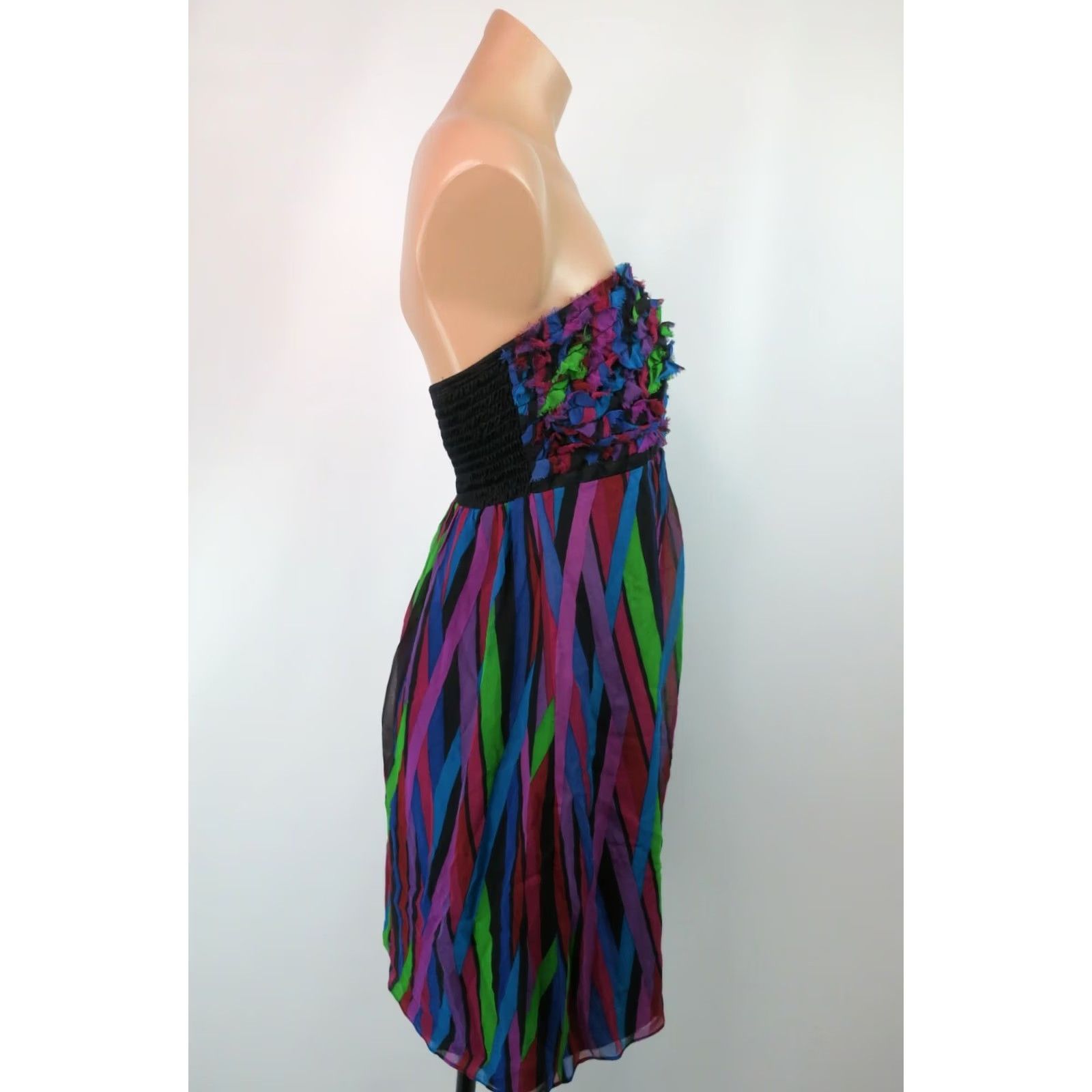 Betsey Johnson VINTAGE Betsey Johnson Rainbow Striped Silk Dress Sleeveless Strapless A-Line Prom Short 90s 8 Womens Girls Size M / US 6-8 / IT 42-44 - 4 Thumbnail