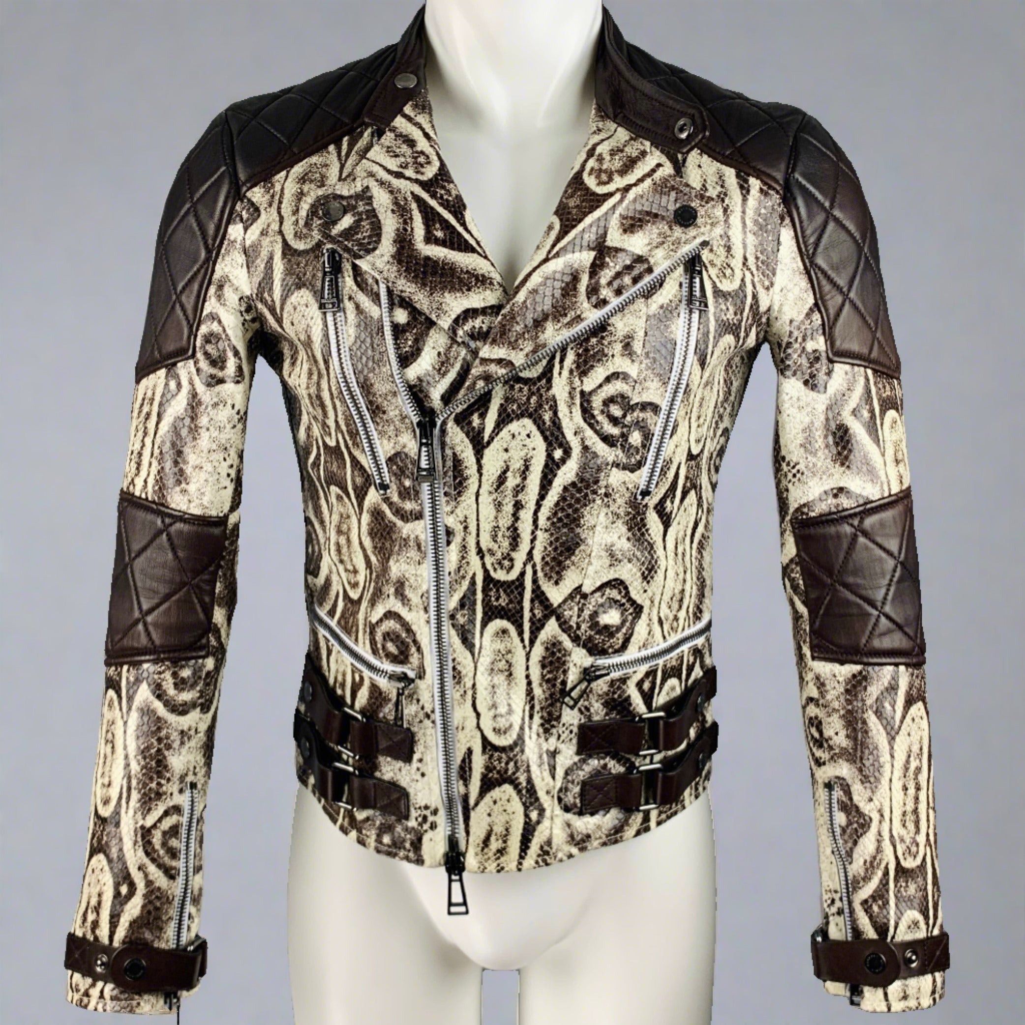 image of Belstaff Brown White Snakeskin Leather Biker Jacket, Men's (Size Small)