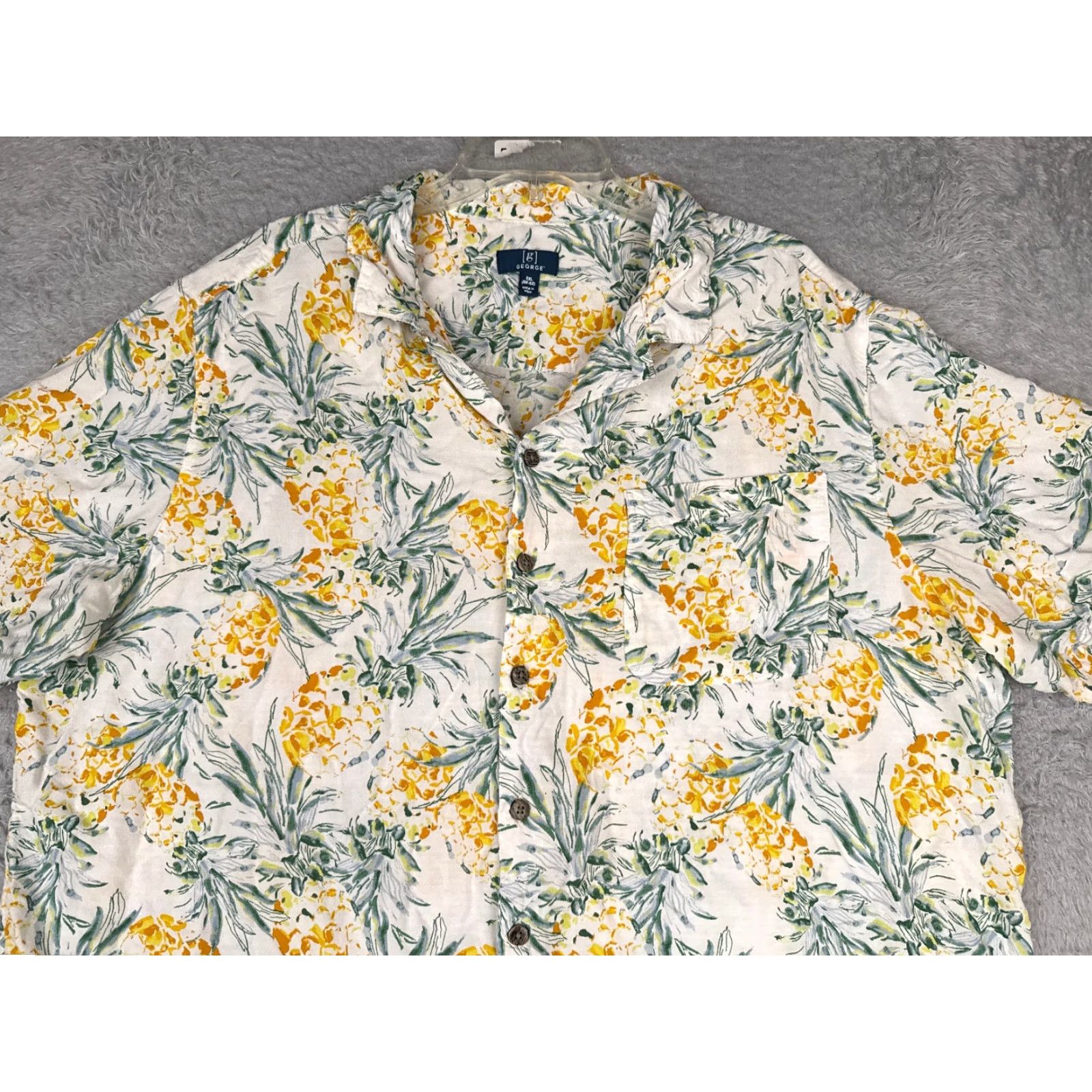 George George Shirt Men 2XL White Yellow Green Pineapple Hawaiian 100% Rayon Button-Up Collared Short Sleeve Floral All Seasons Breathable Pockets Mens Size US XXL / EU 58 / 5 - 4 Thumbnail