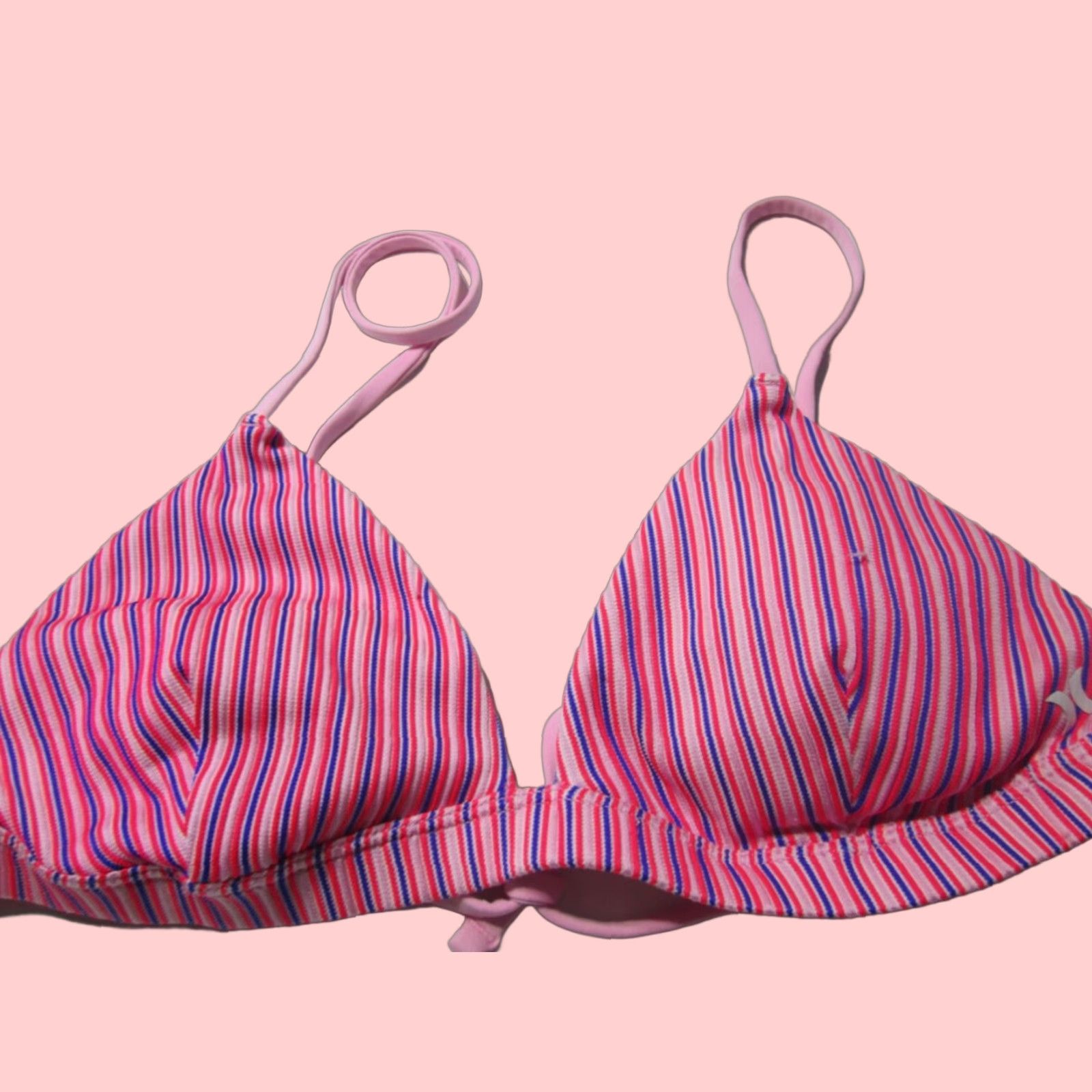 Hurley Womens Pink Striped Triangle Bikini Top Medium Spaghetti Strap Swim Womens