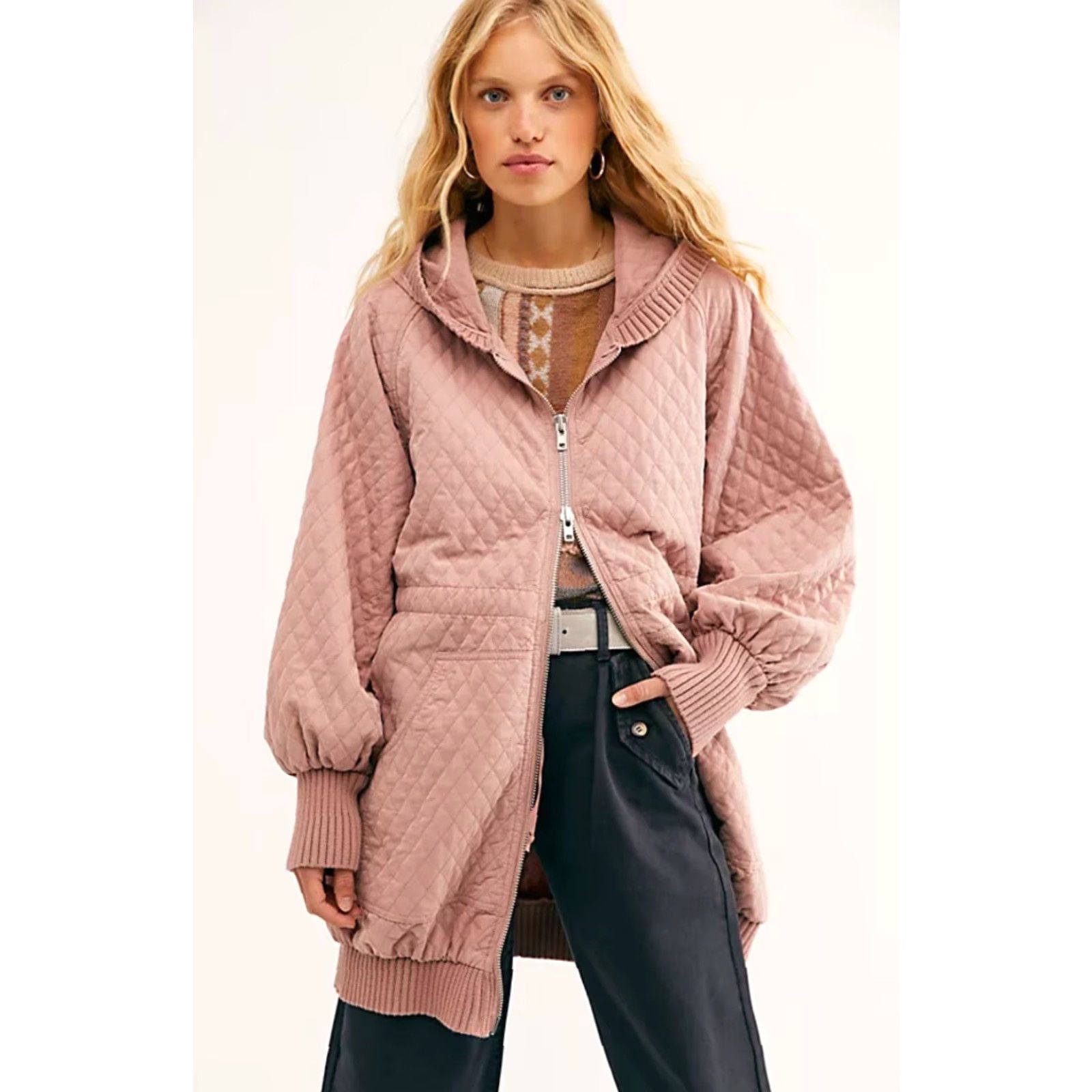 Free People Free People Hawthorne Bomber Jacket Quilted Pink Mauve M Long Sleeve Zip Women's Regular Fall Winter Spring Casual Travel Size M / US 6-8 / IT 42-44 - 2 Thumbnail
