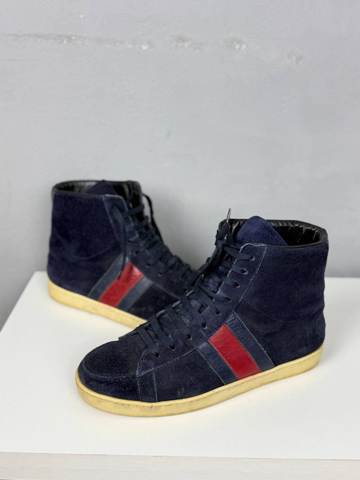 Gucci Gucci Navy Blue Suede Web High Top Sneakers Size US 8 / EU 41 - 1 Thumbnail