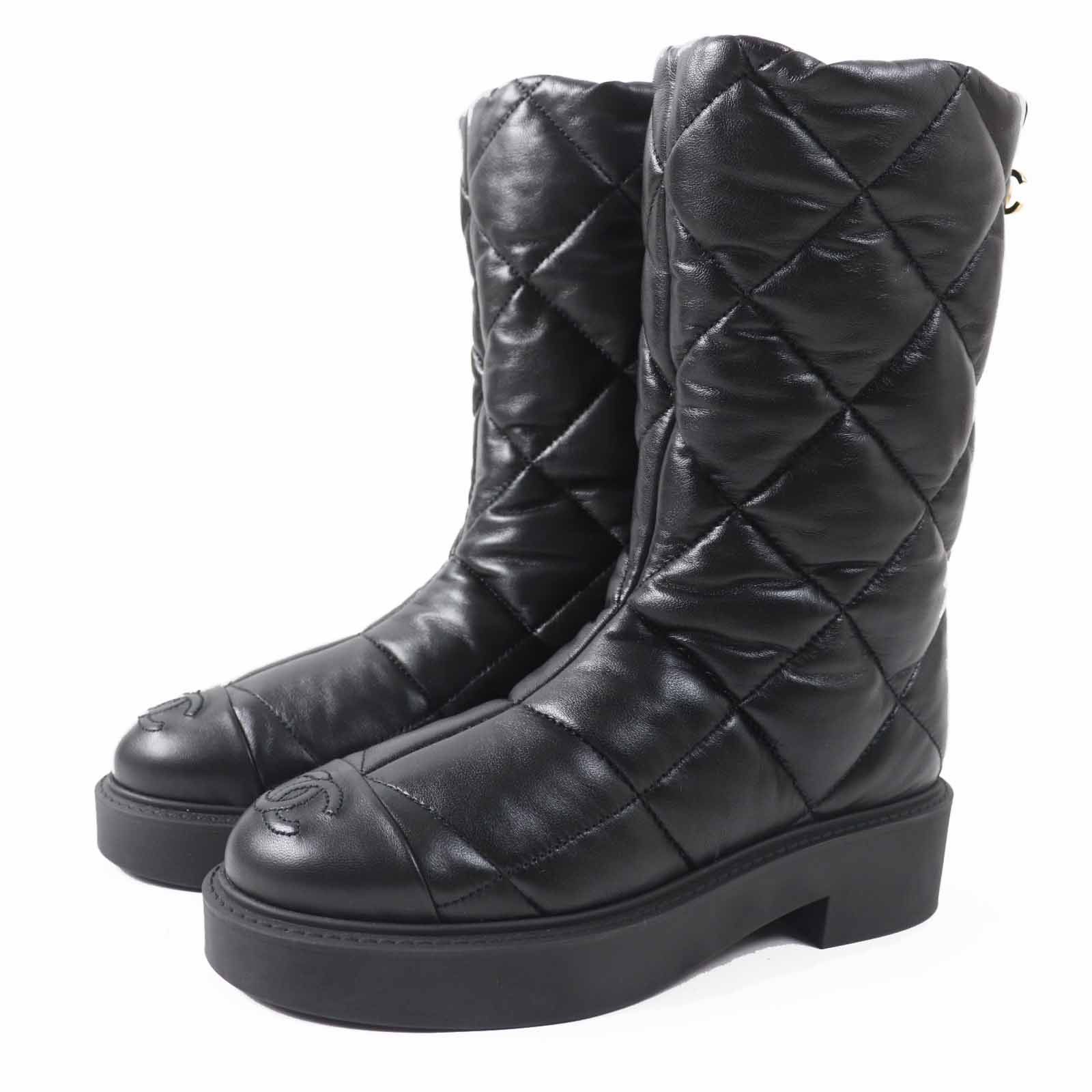 Chanel Chanel Coco Mark Quilted Leather Rubber Boots Leather Shoes G45135 in Black, Women's