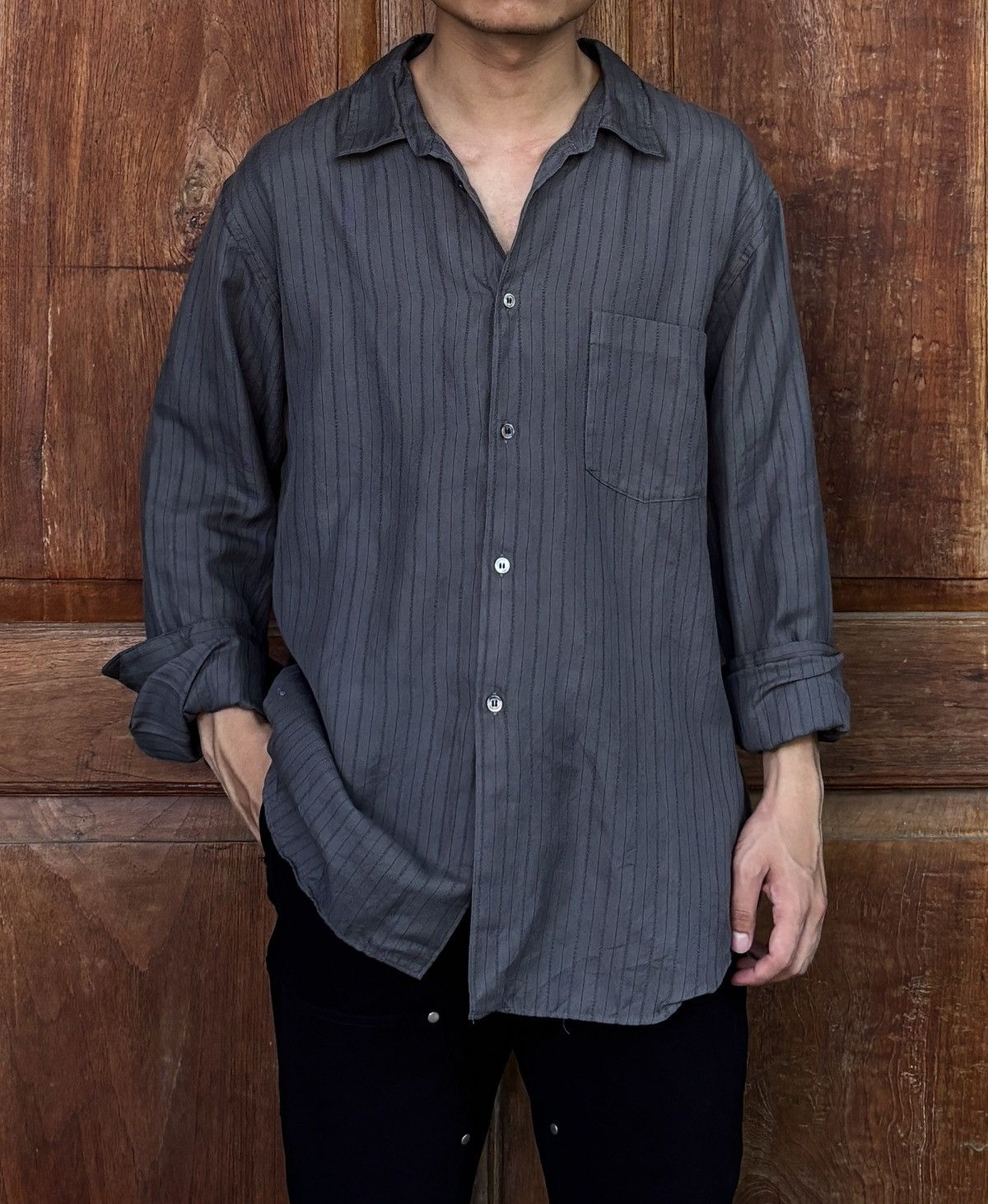 Comme des Garcons Homme Plus CDGH+ Evergreen Striped Rayon Shirt Size US M / EU 48-50 / 2 - 1 Thumbnail