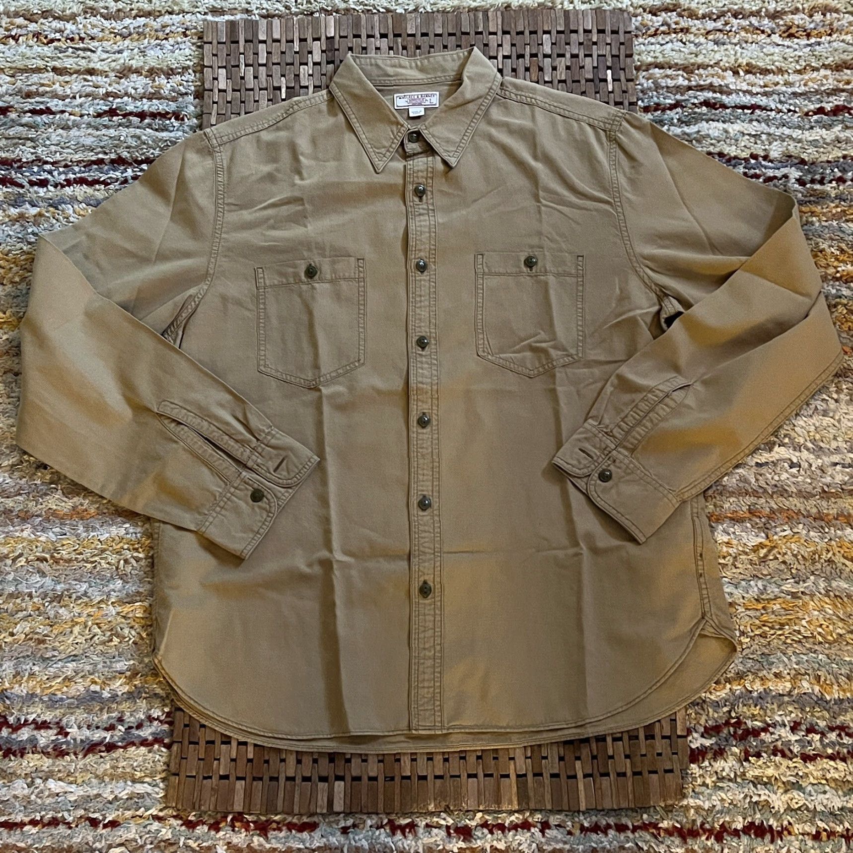 Wallace & Barnes J.Crew Large L Tan Brown Button Down Shirt Two Pocket Military Jacket Mens