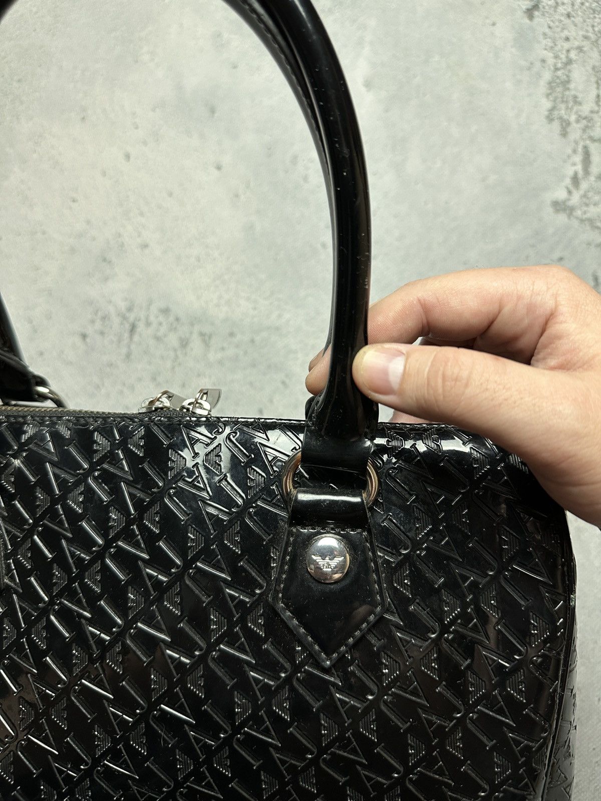 Armani Armani Jeans Tote Black Embossed Patent PVC Satchel Bag y2k Size ONE SIZE - 9 Thumbnail