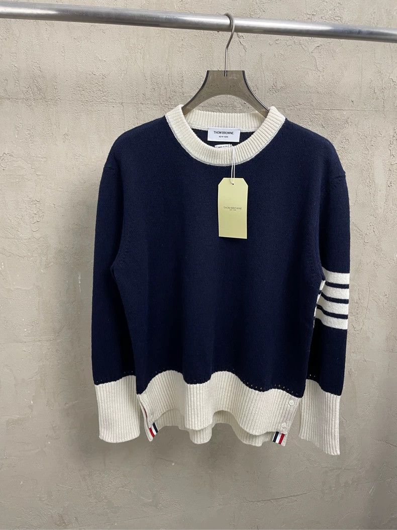 Thom Browne Thom browne Dark blue four-striped round-neck wool sweater Size US S / EU 44-46 / 1 - 1 Thumbnail