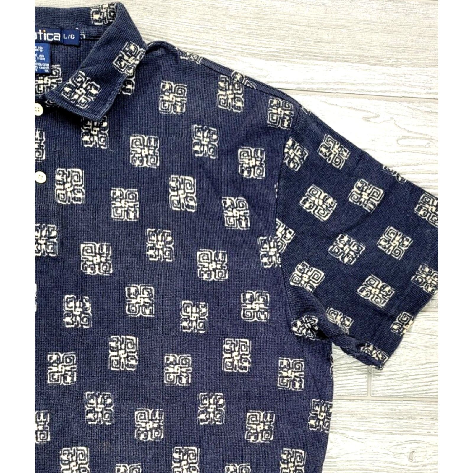 Nautica VINTAGE Nautica Polo Shirt Tribal 90s Blue L Men Short Sleeve Cotton Button Closed Collared Geometric AOP RARE USA Made Shirt Mens Size US L / EU 52-54 / 3 - 3 Thumbnail