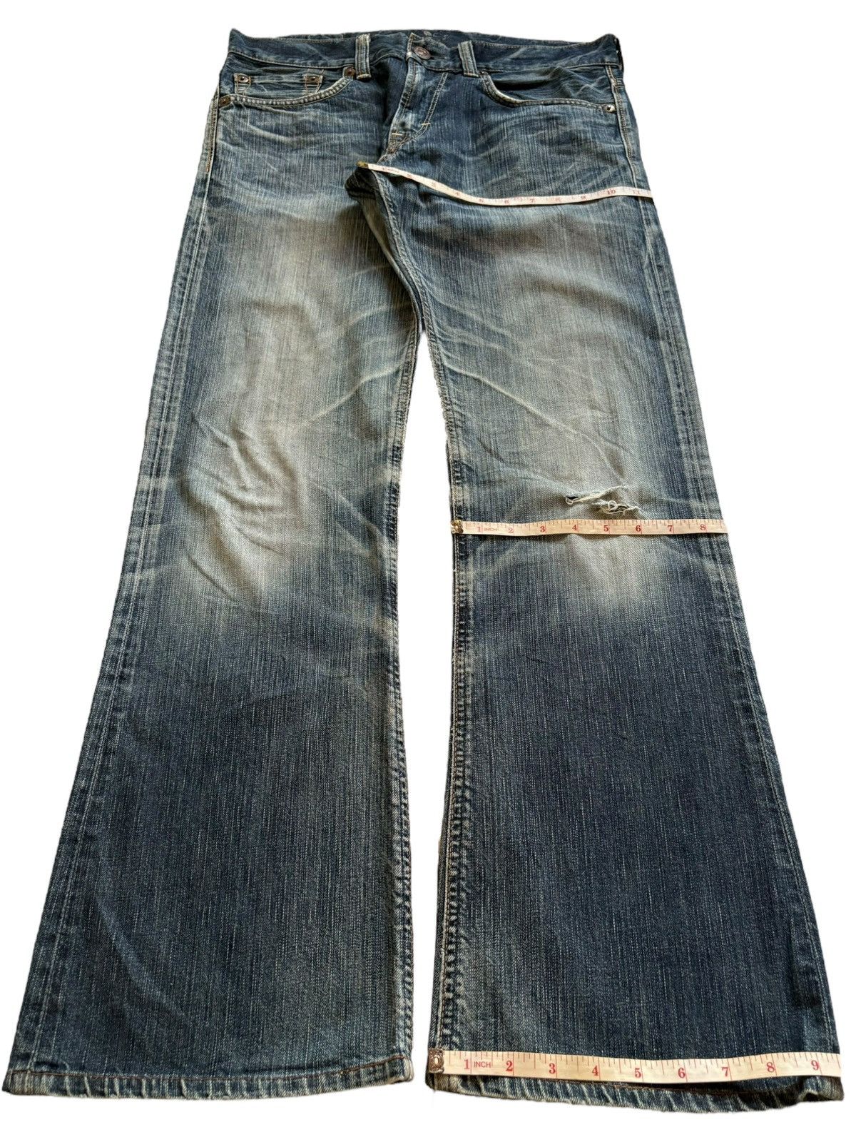 Edwin Vintage Edwin Blue Trip Faded Mud Wash Distress Flare Jeans Size US 34 / EU 50 - 14 Thumbnail