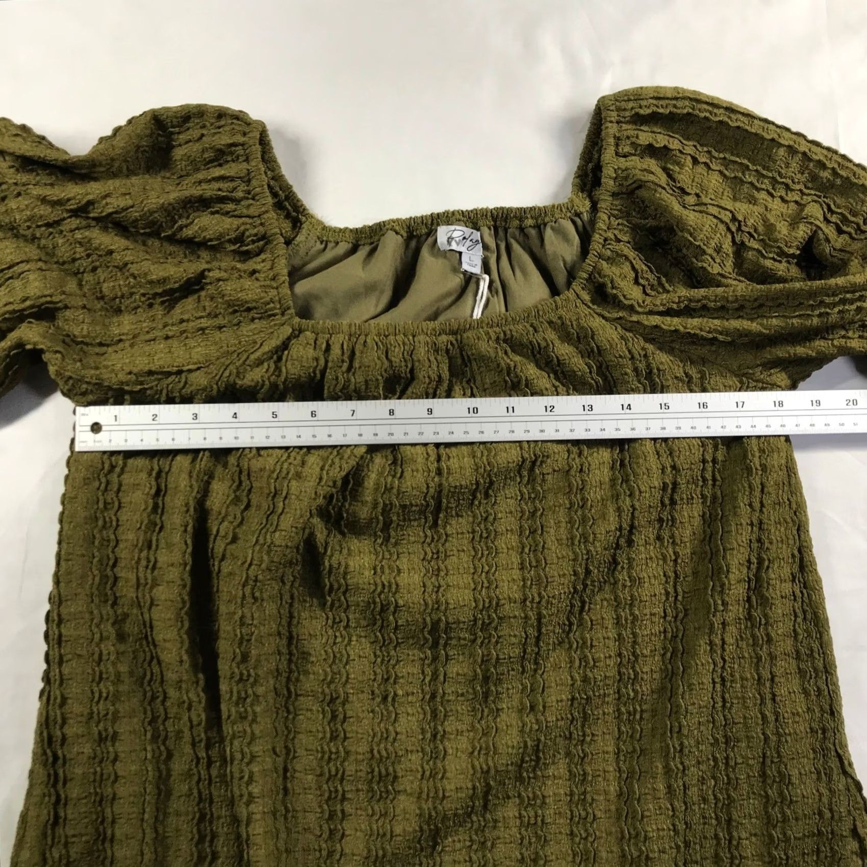 Olive Polagram Blouse Green Square Neck Balloon Sleeve Large Elsie Textured Size L / US 10 / IT 46 - 3 Thumbnail