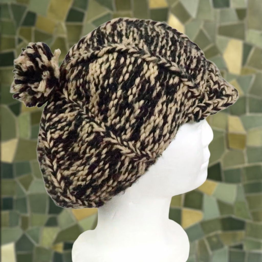 Vintage VINTAGE Beanie Hats Women One Size Tan Black Marled Knit Acrylic Brim Bobble Boho Fall Winter Casual Size ONE SIZE - 1 Thumbnail