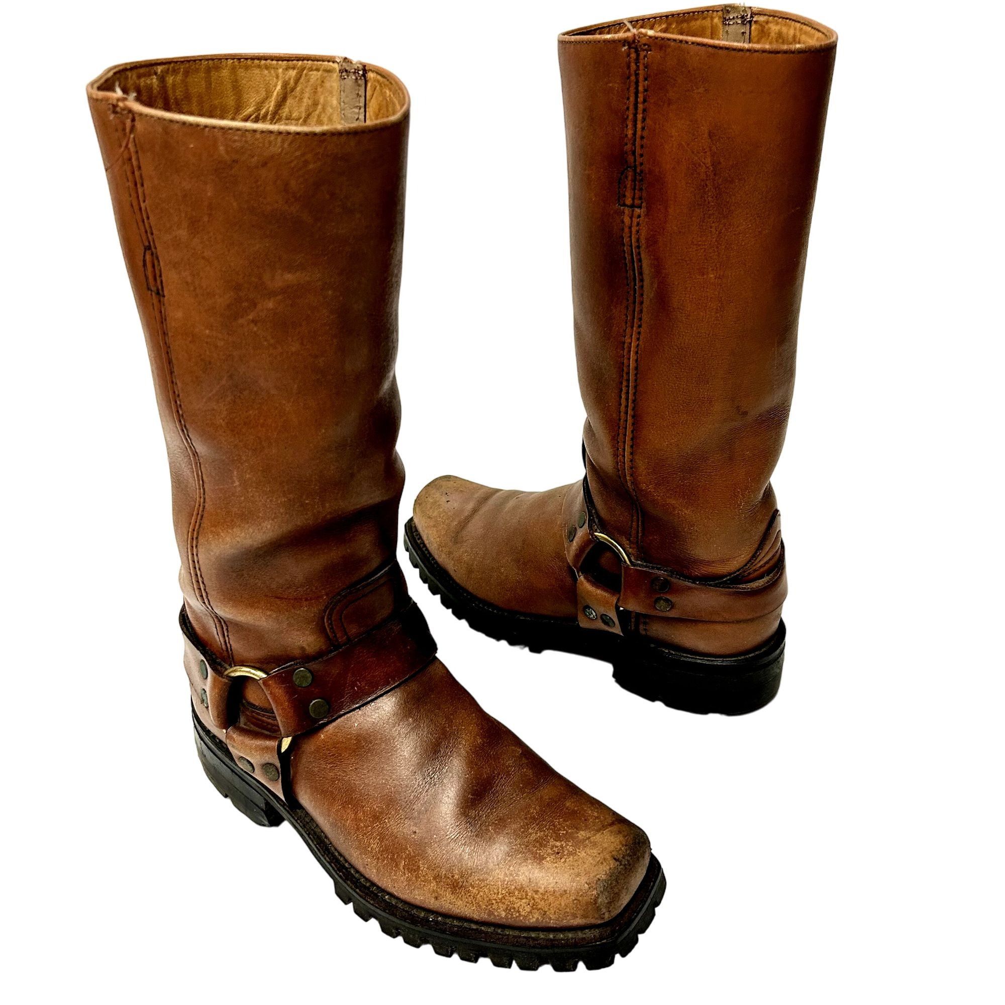 image of 70's Frye Brown Oiled Leather Motorcycle Biker Harness Boots, Men's (Size 8)