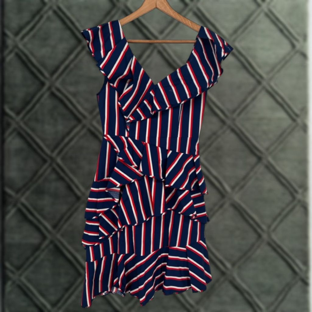 Alice + Olivia Dress Womens 4 Laflora Asymmetrical Ruffle Collegiate Stripe Multicolor Knee Length Fit & Flare Womens 4 Dress