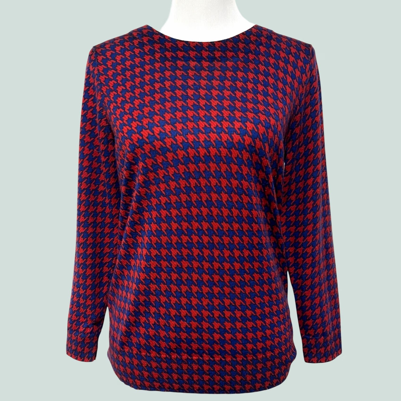 J.Crew J.Crew Merino Wool Houndstooth Sweater Blue Women's Size M Pullover Knit Tippi 100% Wool F8262 Size M / US 6-8 / IT 42-44 - 1 Thumbnail