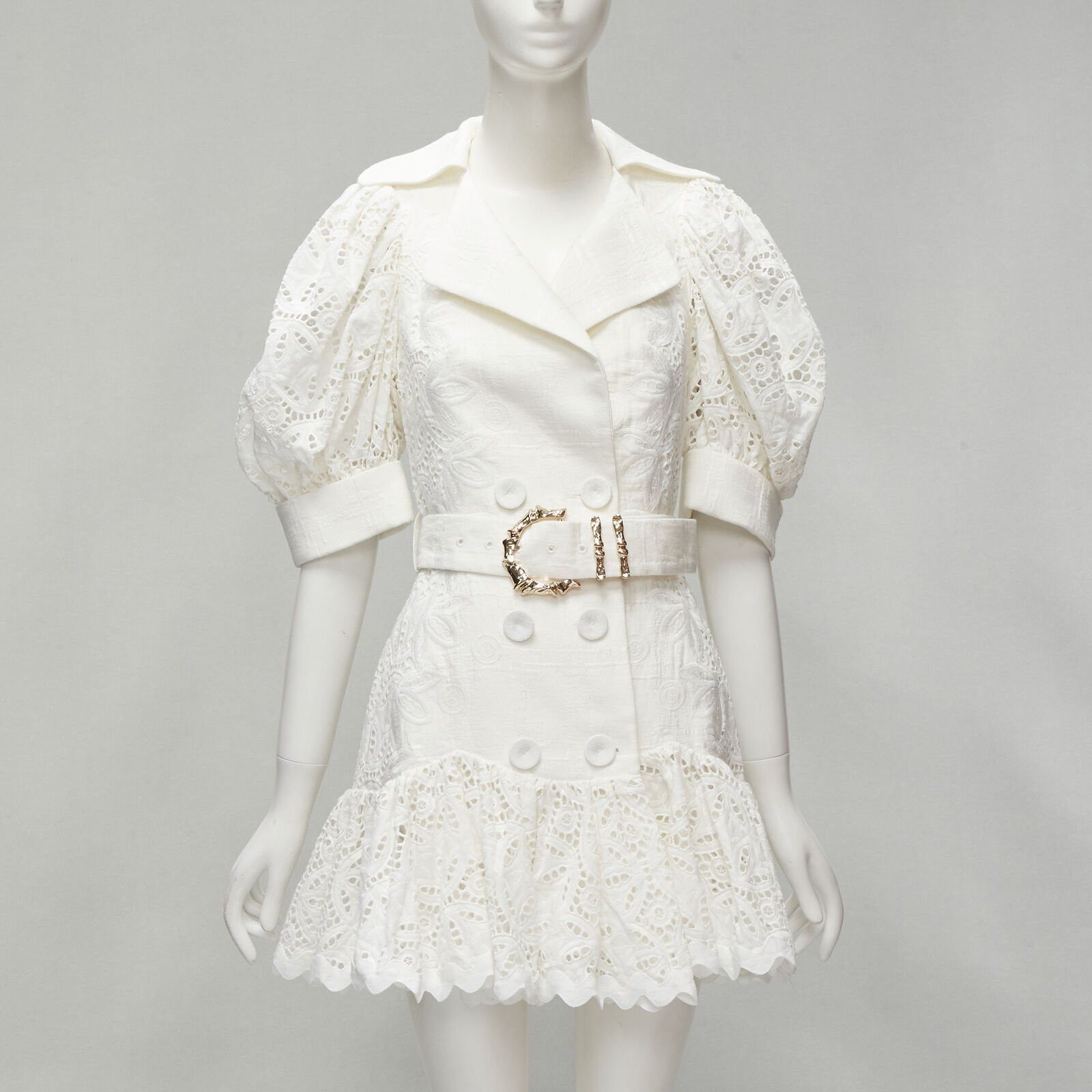 Acler ACLER white embroidery eyelet puff sleeve belted double breasted dress US2 XS Size S / US 4 / IT 40 - 1 Thumbnail