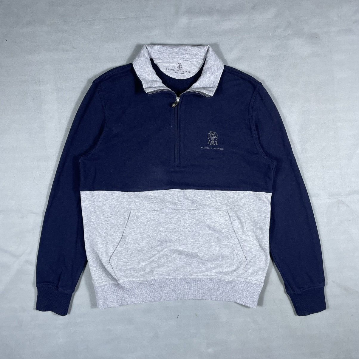 Brunello Cucinelli Logo-Print Two-Tone Cotton-Jersey Half-Zip Sweatshirt - Blue Size US XS / EU 42 / 0 - 3 Thumbnail