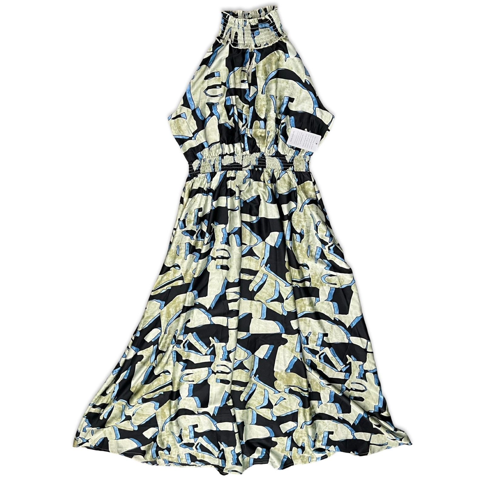 Melloday Green Black Satin High Neck Maxi Dress size L NEW