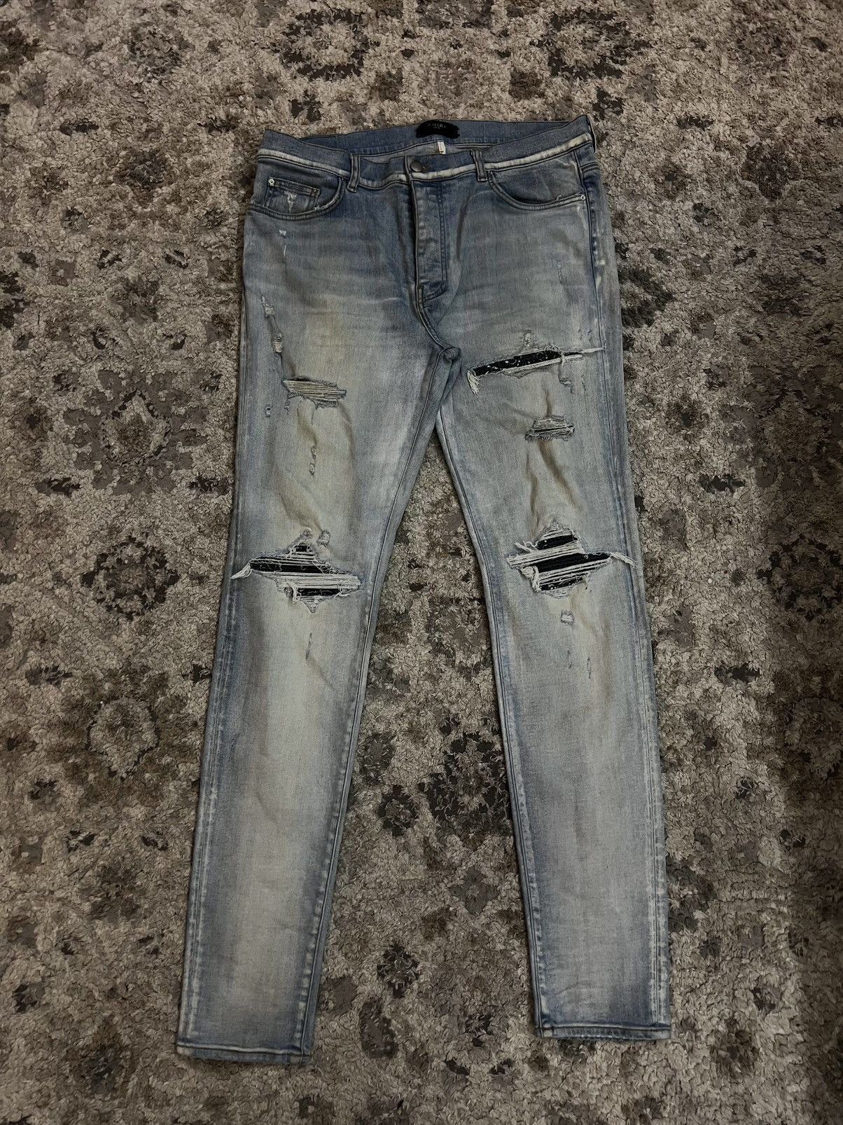 Amiri Amiri MX1 Light Blue Denim Jeans Black Knee Patch – Size 38 Size US 38 / EU 54 - 1 Thumbnail