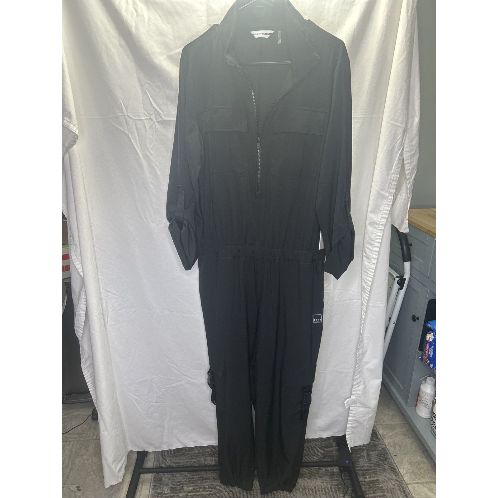 DKNY DKNY Black Utility Cargo Jumpsuit Womans L Tab Sleeve Travel Size 29" - 5 Thumbnail