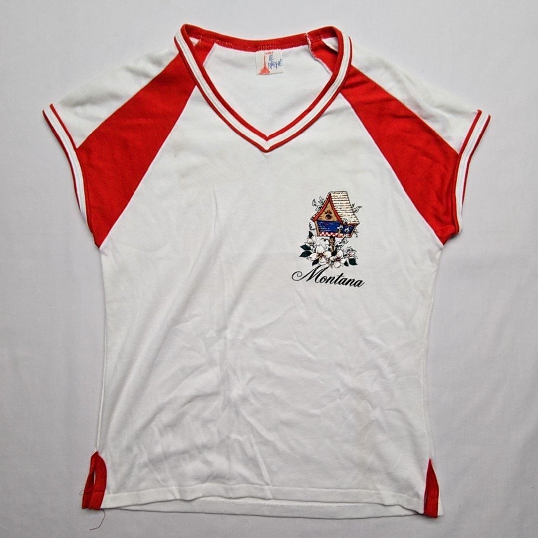 Vintage Vintage Montana Graphic Tee Le Riche Red White V-Neck Shirt Size L / US 10 / IT 46 - 1 Thumbnail