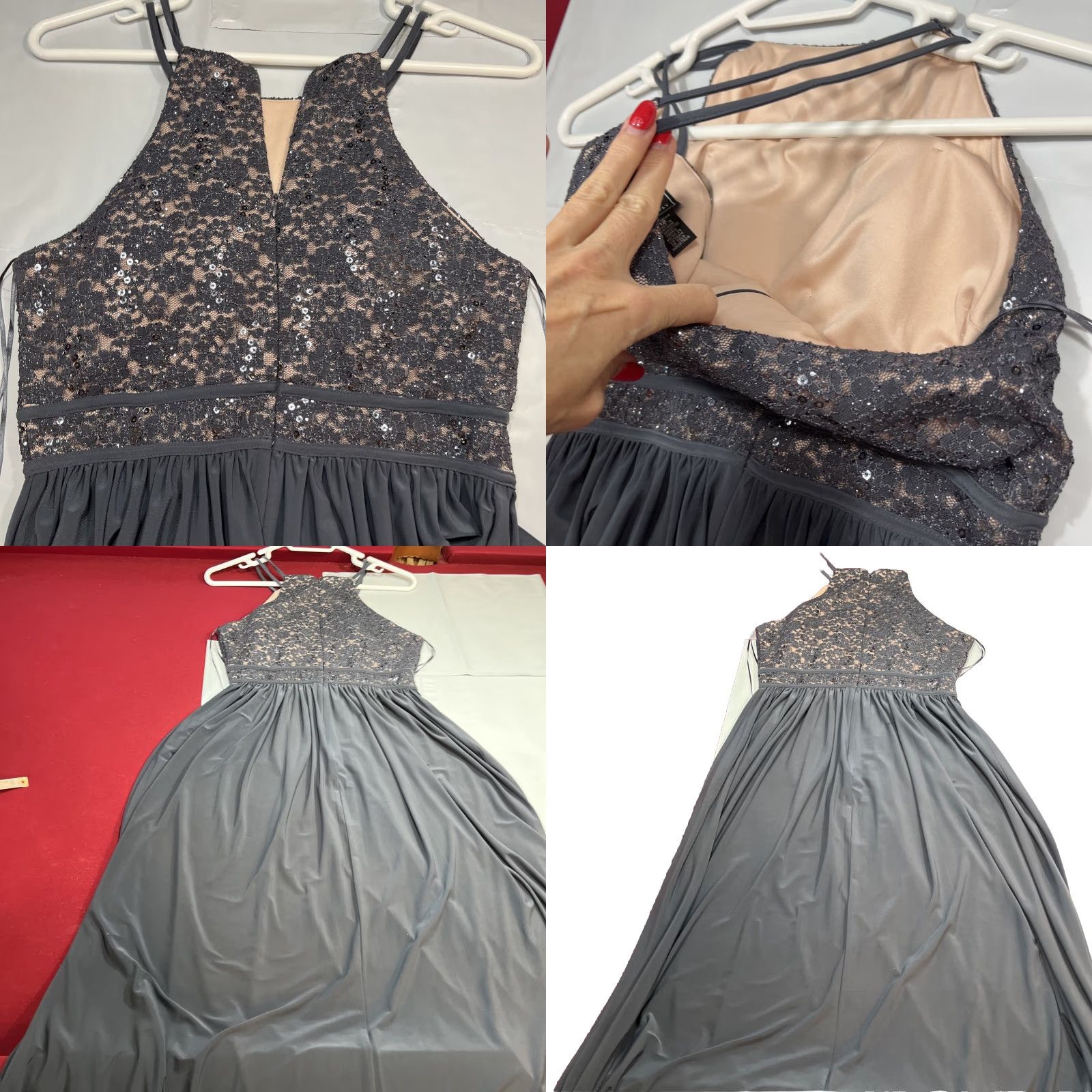 Vintage Nightway GRAY DRESS Lace Sequined HALTER Long Maxi GOWN Stretchy SIZE 12 Women’s Size XL / US 12-14 / IT 48-50 - 10 Thumbnail