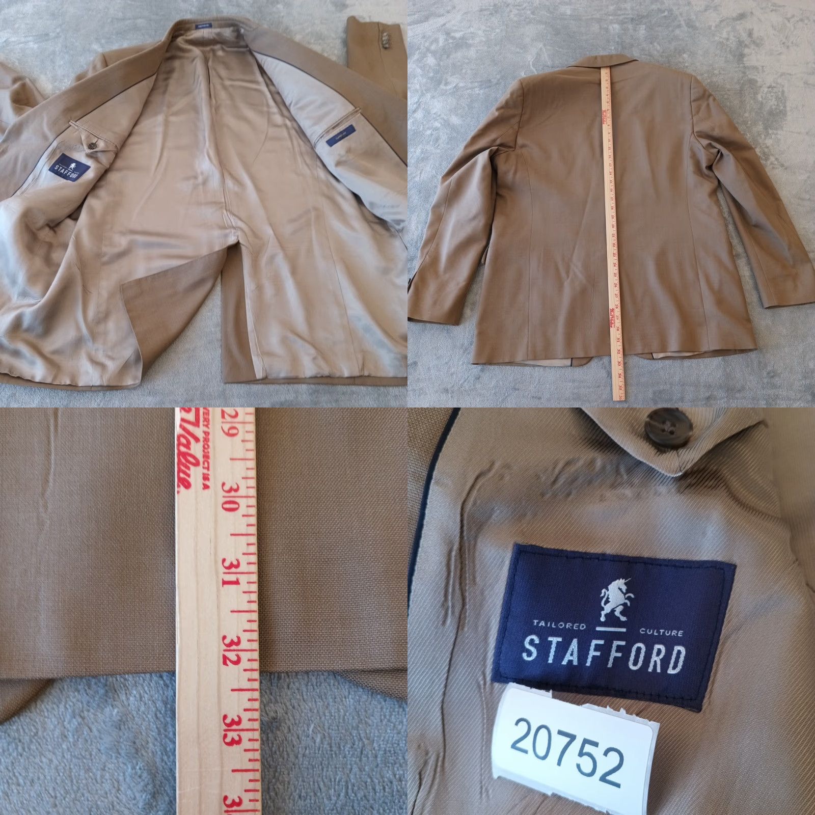 Stafford Stafford Blazer Mens 48 Long Beige Wool Single-Breasted Two-Button Notch Lapel 2 Piece Inner Pockets Vintage No Size 48R - 8 Thumbnail