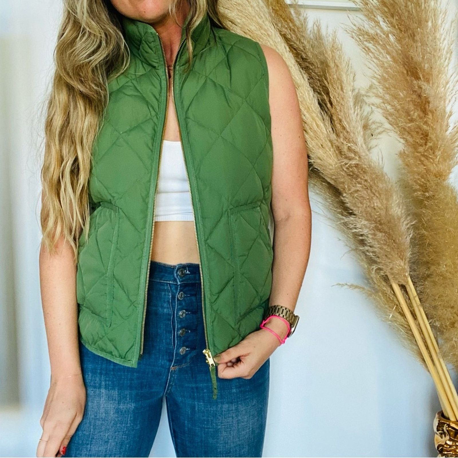 J.Crew J CREW Olive Green Quilted Puffer Down Gold Zip Vest Jacket Size M / US 6-8 / IT 42-44 - 4 Thumbnail