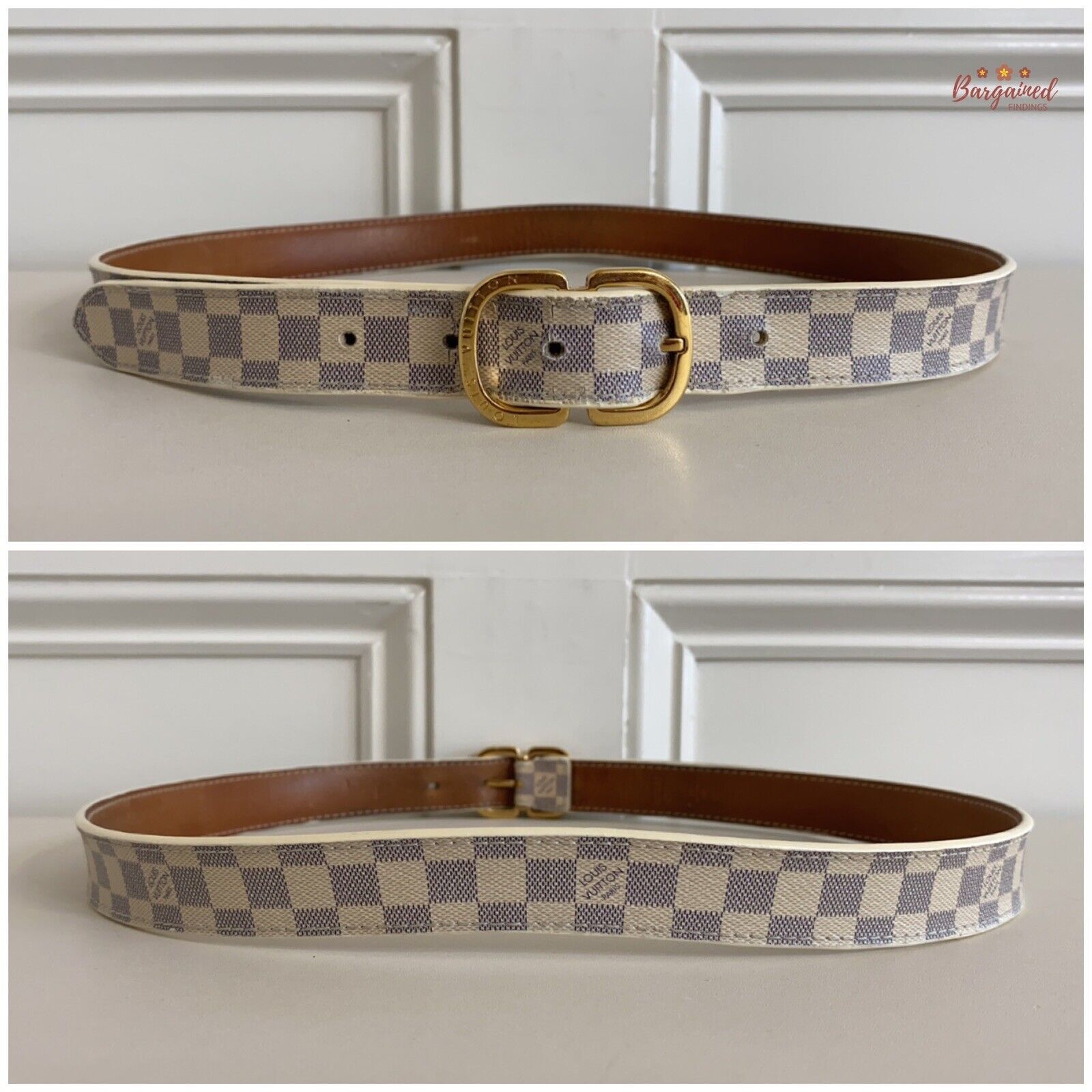 Louis Vuitton Louis Vuitton Damier Azur Leather Gold Butterfly Buckle Belt Size 30 - 3 Thumbnail
