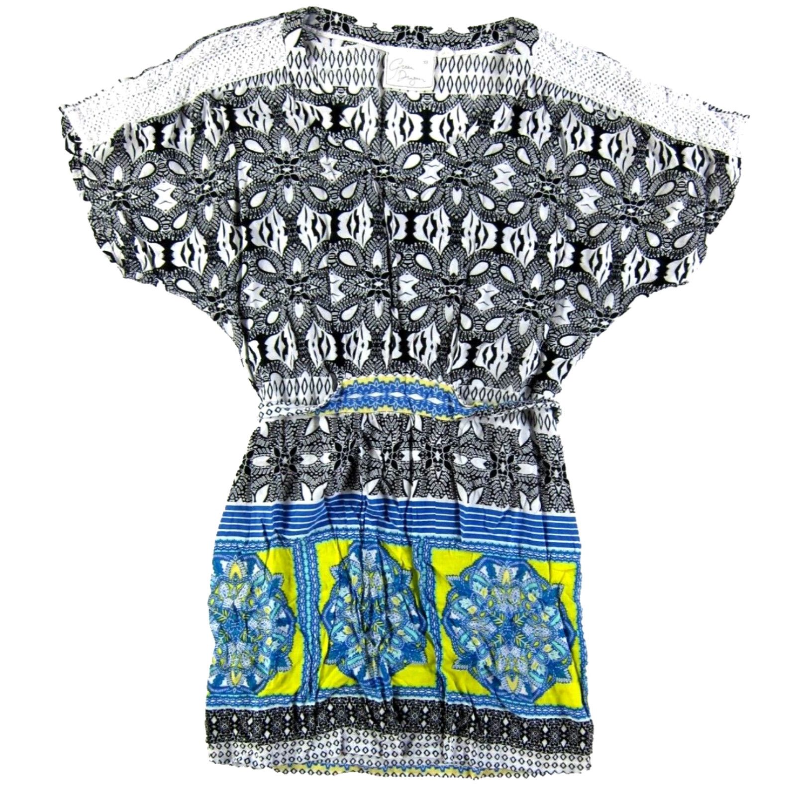 Vintage Green Dragon Rayon Black White Blue Yellow Paisley Floral V-Neck Sheath Dress XS Size XS / US 0-2 / IT 36-38 - 2 Thumbnail