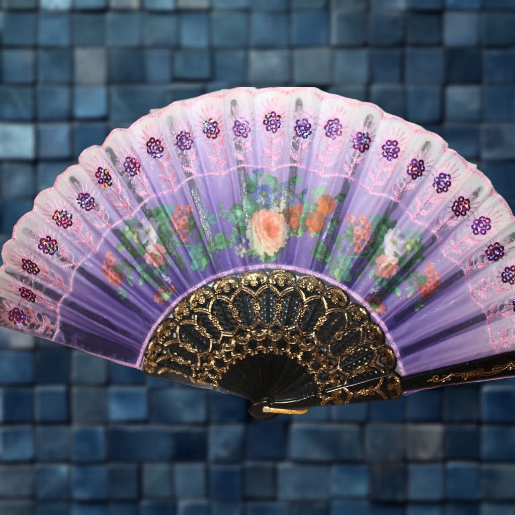 Vintage FAN SMALL HAND FAN WITH FLOWERS FLOWER SEQUINS B9 Mens? Womens? Size ONE SIZE - 1 Thumbnail