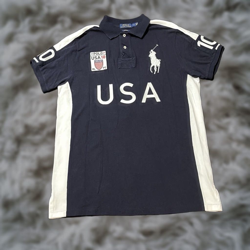 Ralph Lauren VINTAGE Ralph Lauren Big Pony USA Rugby Polo Shirt L Blue ...