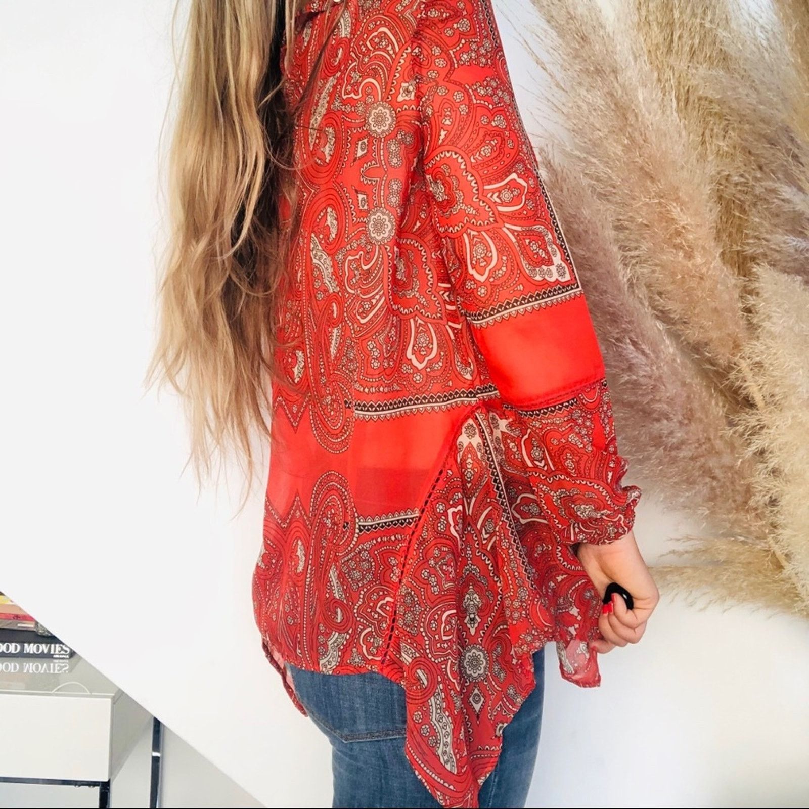 Anthropologie ANTHROPOLOGIE Red White Sheer Paisley Tunic Blouse Shirt Size S / US 4 / IT 40 - 3 Thumbnail