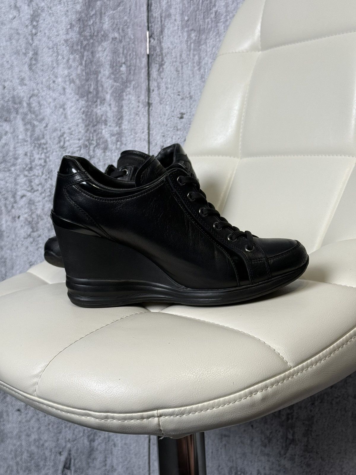Prada PRADA Wedge Sneakers Black Leather Womens Platform Shoes Size US 6.5 / IT 36.5 - 6 Thumbnail