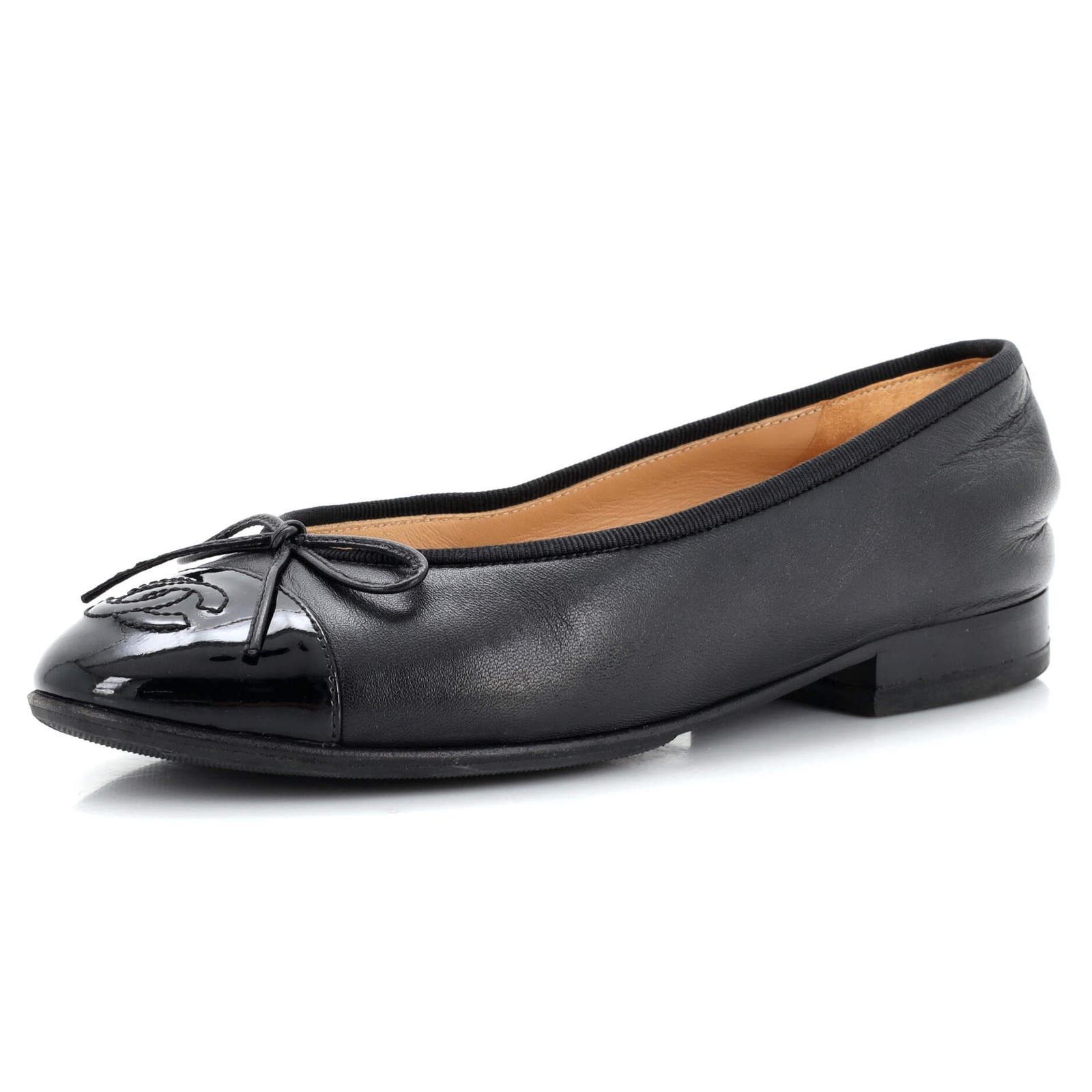 image of Chanel Women's Cc Cap Toe Bow Ballerina Flats Leather And Patent in Black (Size 4)
