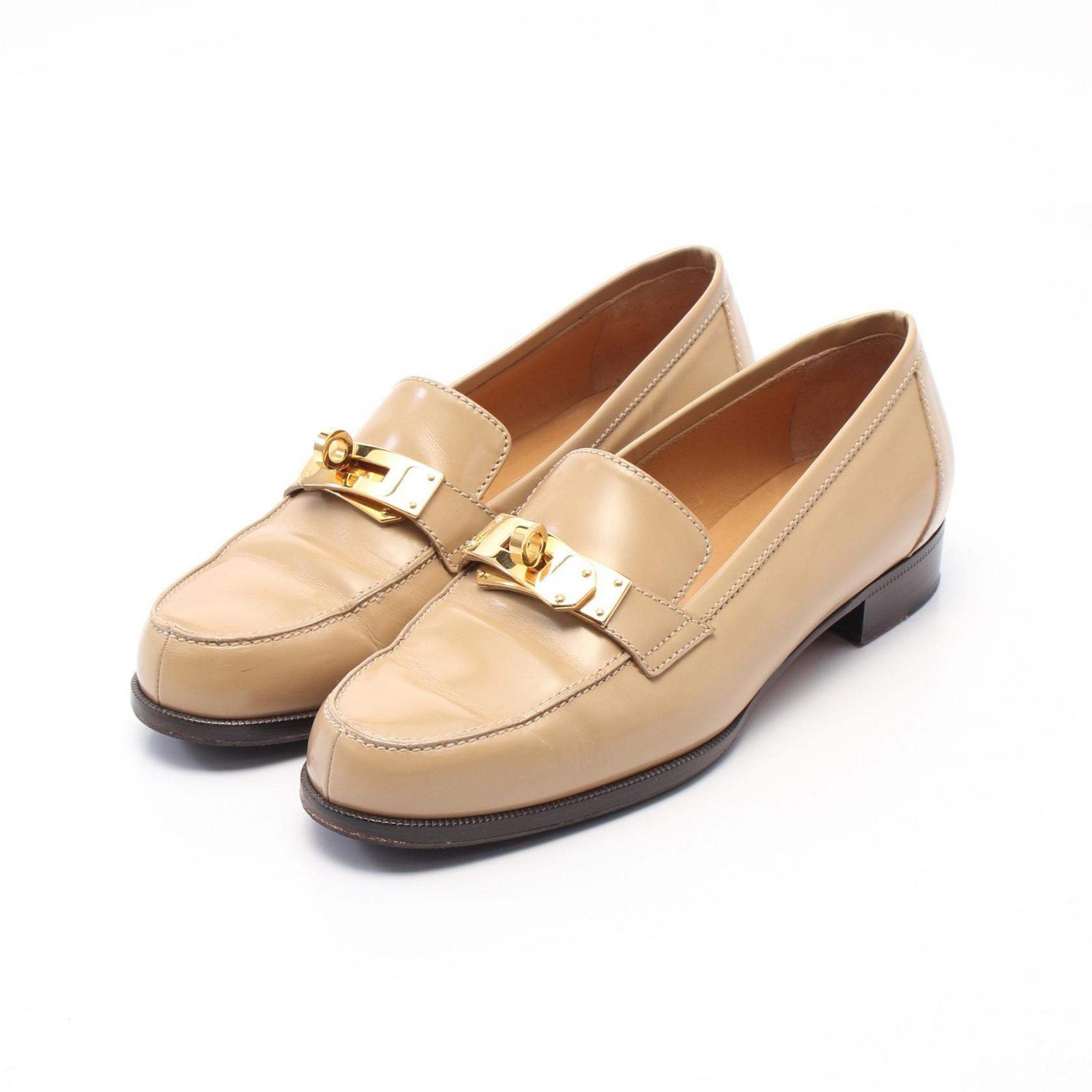 Hermes Hermes Kelly Leather Loafers Leather Shoes in Beige, Women's