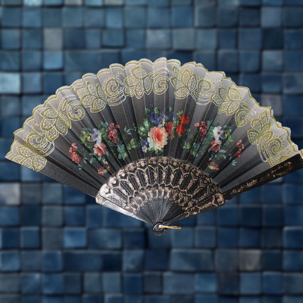 Vintage VINTAGE Hand Fan with Flowers Black 16in Open 9in Closed D2 Adult? (Note: Original size: 16 inches wide when opened, 9 inches length when closed) Size ONE SIZE - 1 Thumbnail