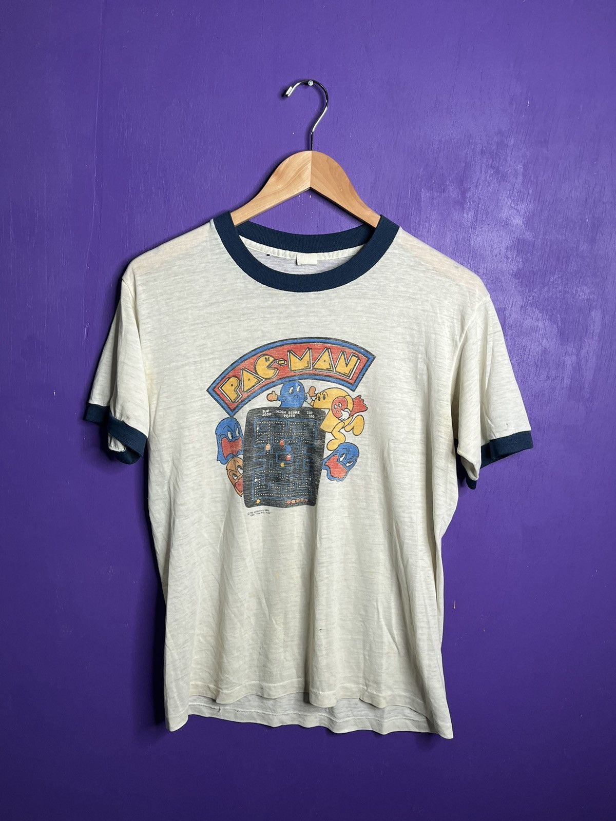 image of Made In USA x Vintage 1981 Pac-Man Video Game Promo Ringer T-Shirt in White, Men's (Size Medium)