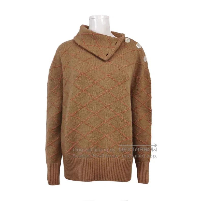 Hermes Ladies Diamond Patterned Knit Sweater Khaki with P