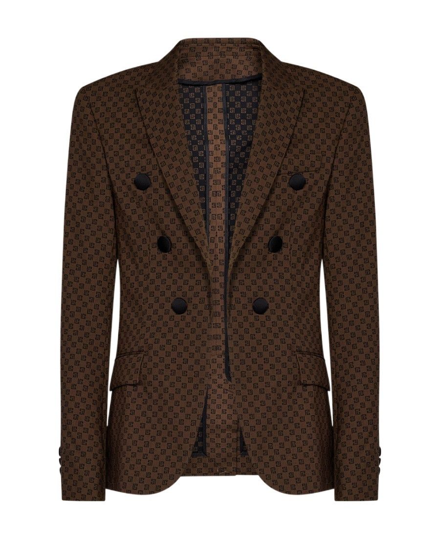 Balmain o1s1wg110125 Monogram Double-breasted Blazer in Brown Size US M / EU 48-50 / 2 - 1 Thumbnail