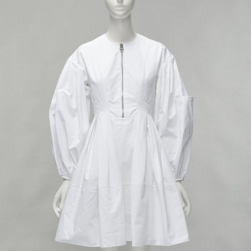 Alexander McQueen ALEXANDER MCQUEEN white cotton silver zip front puff sleeve flared dress IT36 XS Size XS / US 0-2 / IT 36-38 - 1 Thumbnail