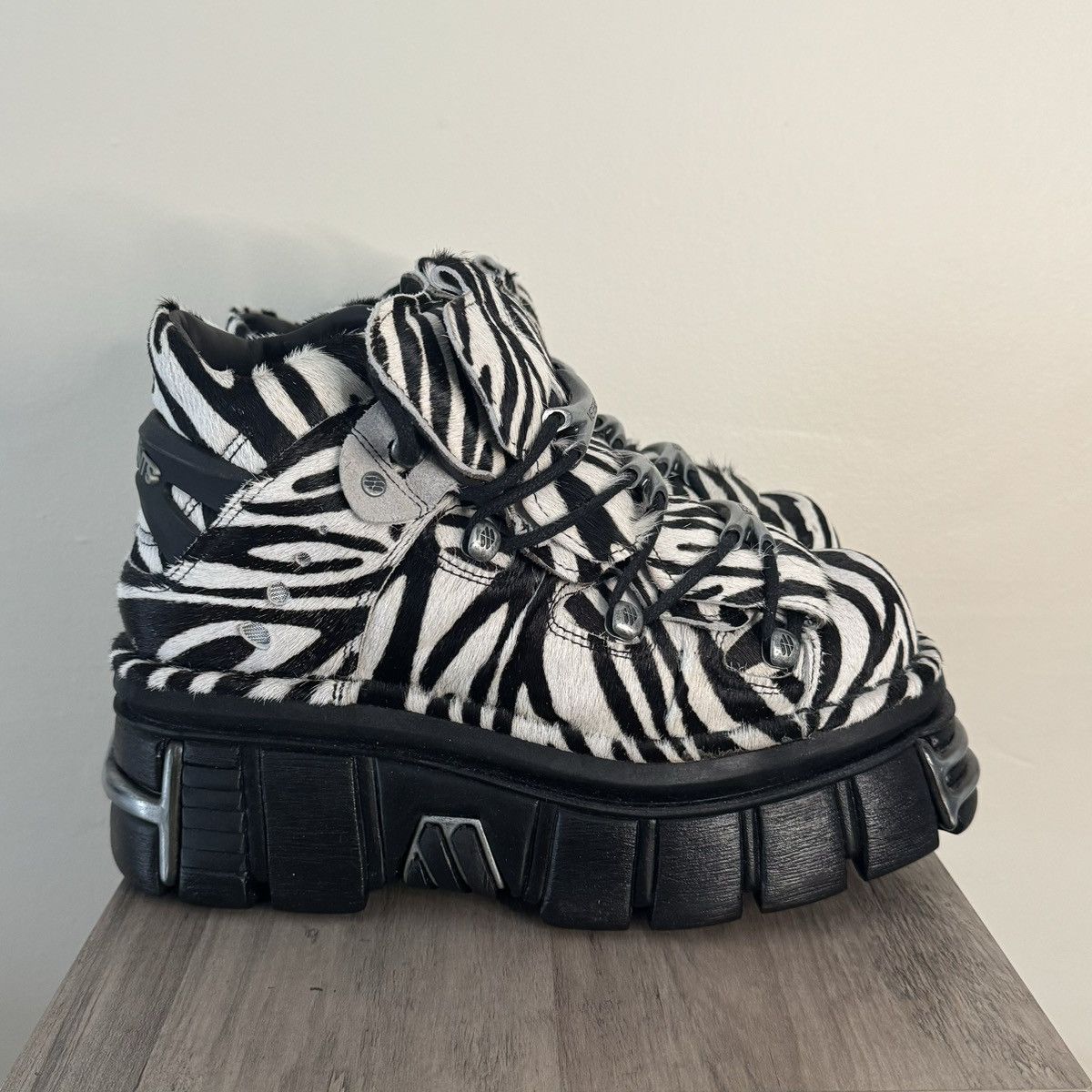 image of New Rock Zebra Fur Platform Sneakers in Black, Men's (Size 8)