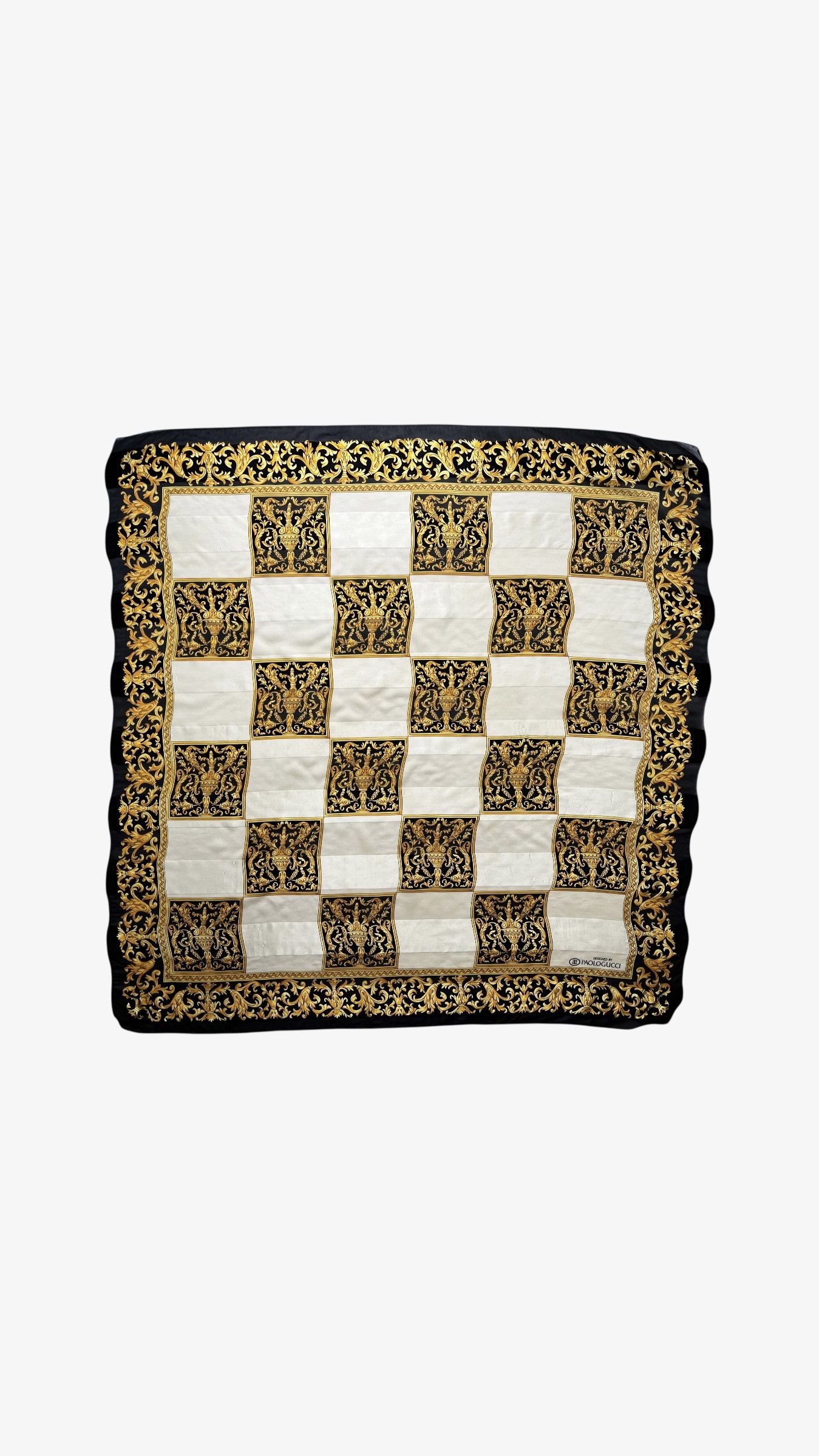 Vintage 80s Paolo Gucci Baroque Checkered Print Silk Scarf