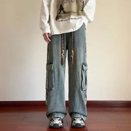 image of Distressed Denim Flowers Patchwork Cargo Denim Pant in Blue, Men's (Size 29)