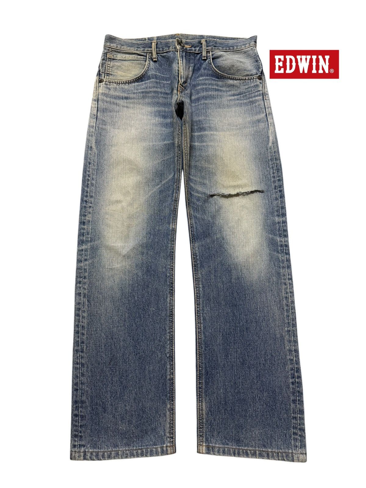 Edwin Vintage 90s Edwin 403 Blue Faded Wash Distress Straight Leg Size US 33 - 1 Thumbnail