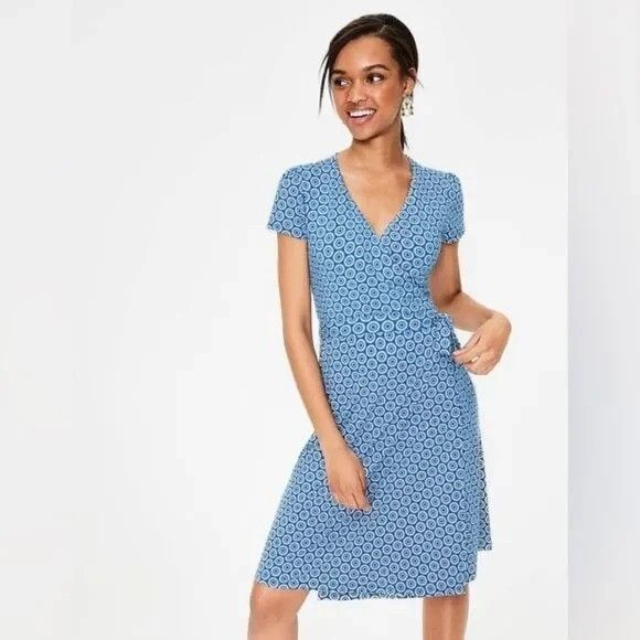 Boden Boden ANTONIA Blue White Geometric Print Wrap Dress Short Sl Size M / US 6-8 / IT 42-44 - 8 Thumbnail