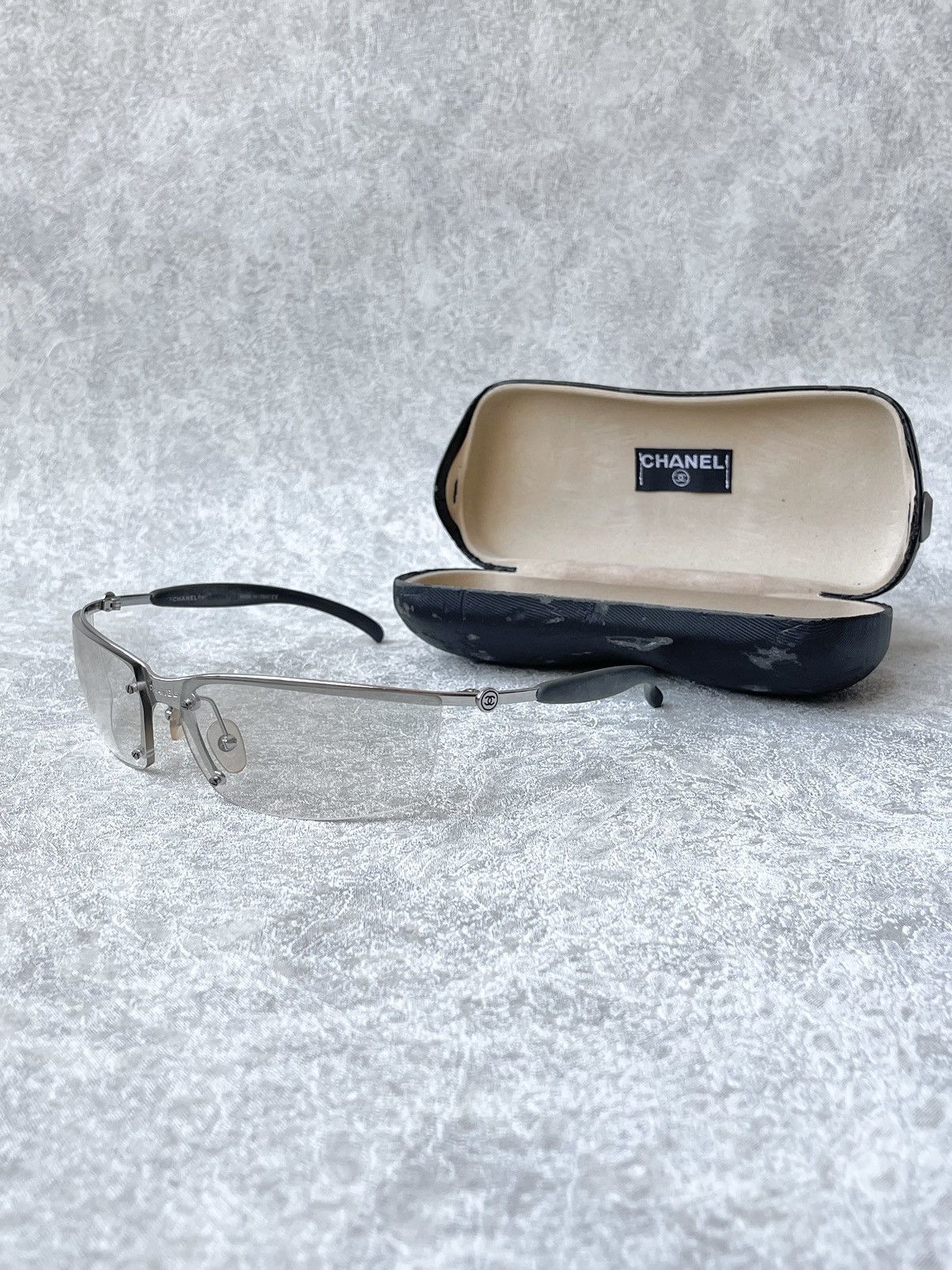 CHANEL 4008 Shield Half Rim Sport Sunglasses Silver Y2K