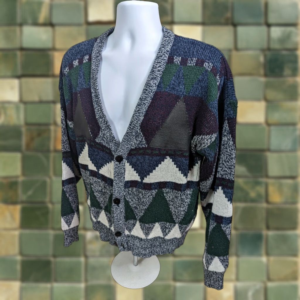 Vintage VINTAGE Campus Geometric V-Neck Cardigan Sweater Mens M Blue 80s Leather Trim S4C Size US M / EU 48-50 / 2 - 1 Thumbnail