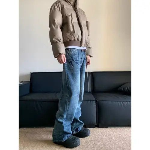 Jean American retro lightning pattern washed straight jeans y2k Size US 32 / EU 48 - 2 Thumbnail