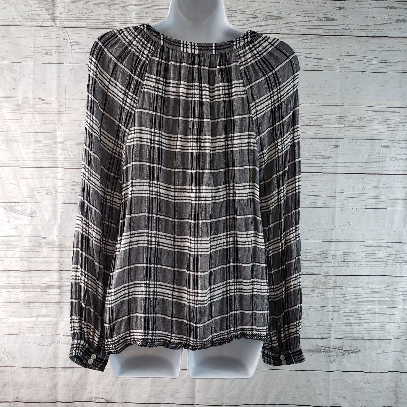 Lucky Brand Lucky Brand Womens Top Blouse Long Sleeve Plaid Black White Size M Viscose Size M / US 6-8 / IT 42-44 - 4 Thumbnail