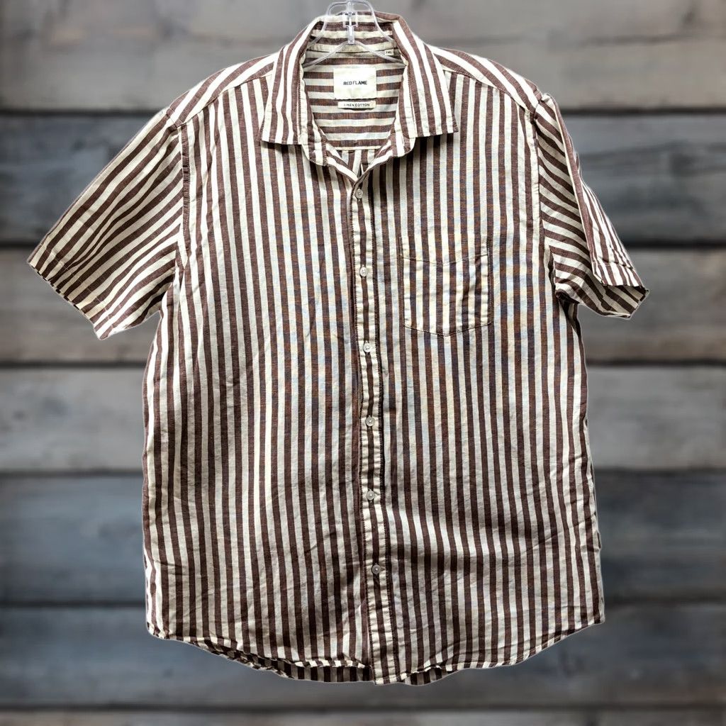 Vintage Red Flame Shirt Mens 2XL Tan White Striped Short Sleeve Button Up Linen Cotton Shirt Mens 2XL Tan White Striped Button-Up Size US XXL / EU 58 / 5 - 1 Thumbnail